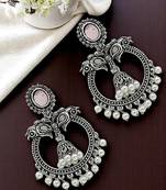 9blings silver oxidised peacock design mauve chandbali earrings