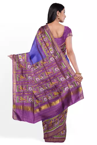 Blue and magenta mulberry pure silk single ikkat  saree