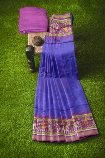 Blue and magenta mulberry pure silk single ikkat  saree