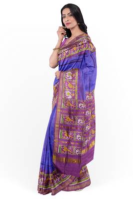 Blue and magenta mulberry pure silk single ikkat  saree 4