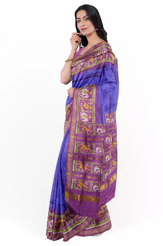 Blue and magenta mulberry pure silk single ikkat  saree