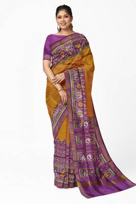 Yellow and magenta mulberry pure silk single ikkat  saree 1