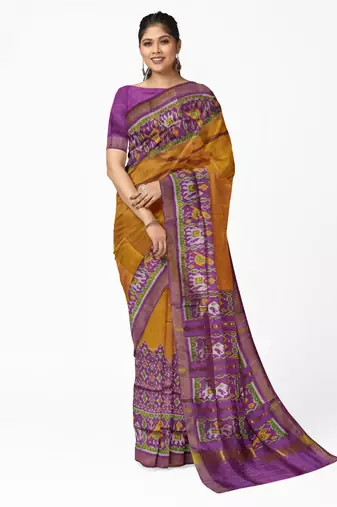 Yellow and magenta mulberry pure silk single ikkat  saree