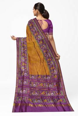 Yellow and magenta mulberry pure silk single ikkat  saree 2