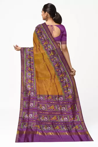 Yellow and magenta mulberry pure silk single ikkat  saree