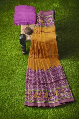 Yellow and magenta mulberry pure silk single ikkat  saree