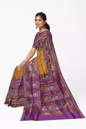 Yellow and magenta mulberry pure silk single ikkat  saree