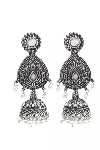 9blings silver oxidised drop jhumka earrings