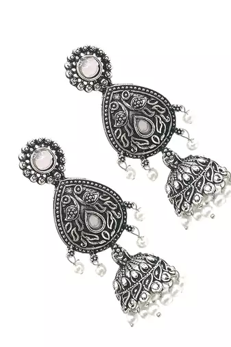 9blings silver oxidised drop jhumka earrings