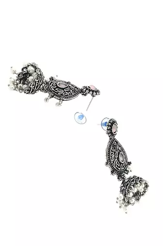 9blings silver oxidised drop jhumka earrings