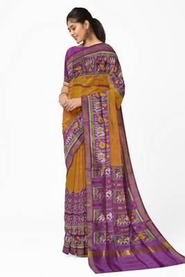 Yellow and magenta mulberry pure silk single ikkat  saree 5
