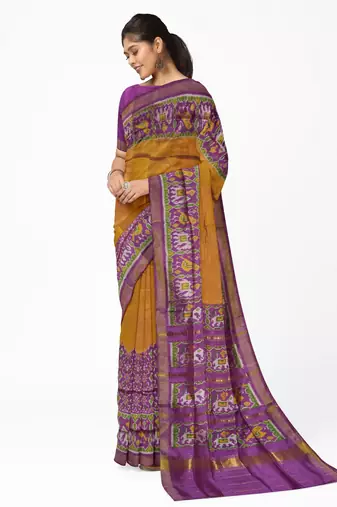 Yellow and magenta mulberry pure silk single ikkat  saree