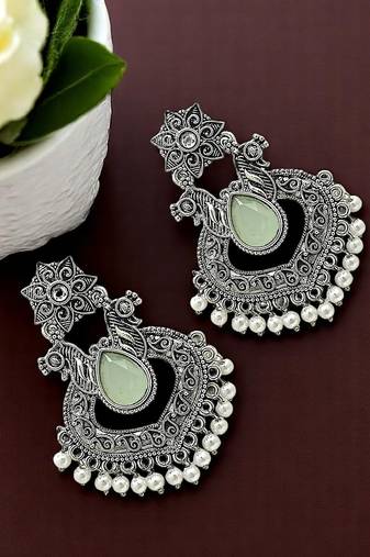 9blings silver oxidised pink stone studded chandbali earrings
