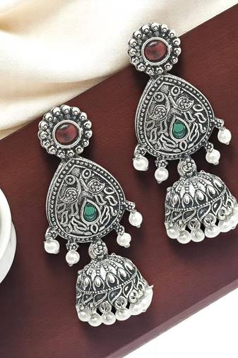 9blings silver oxidised green stone studded chandbali earrings