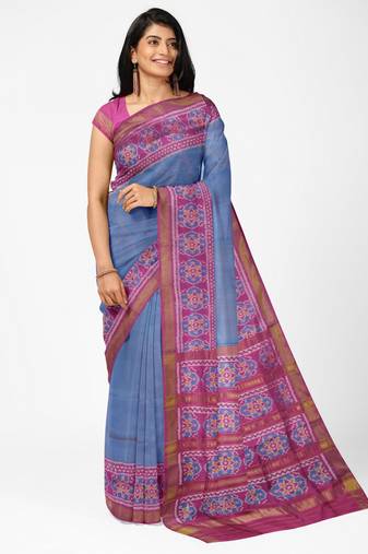 Turquoise blue and pink mulberry pure silk single ikkat  saree