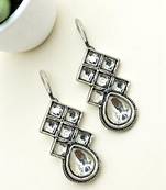 9blings silver oxidised white stone checkered drop earrings