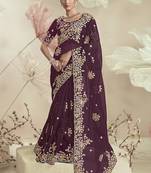 Dark purple organza party wear embroidered saree with blouse fabric 