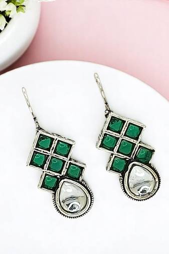 9blings silver oxidised green stone checkered drop earrings