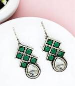 9blings silver oxidised green stone checkered drop earrings