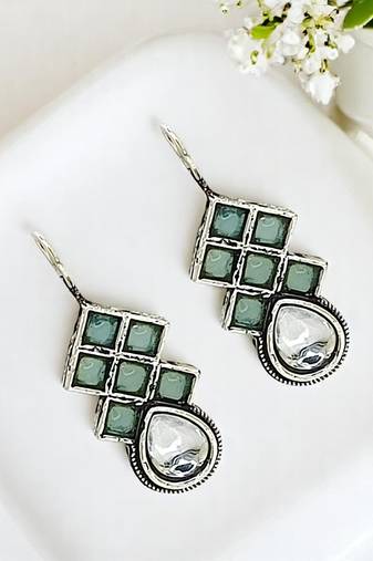9blings silver oxidised sea green stone checkered drop earrings