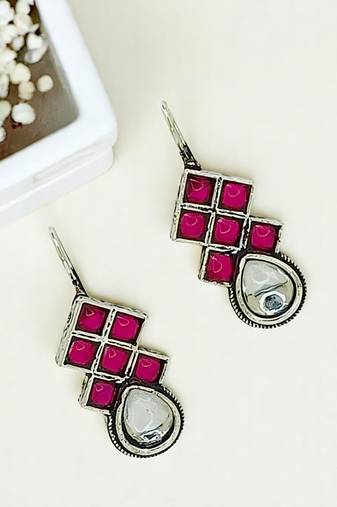 9blings silver oxidised pink stone checkered drop earrings
