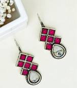 9blings silver oxidised pink stone checkered drop earrings