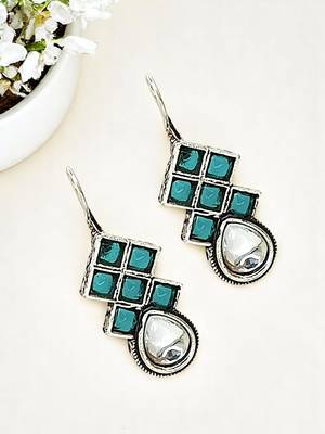 9blings silver oxidised teal stone checkered drop earrings 1