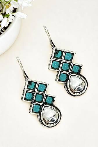 9blings silver oxidised teal stone checkered drop earrings