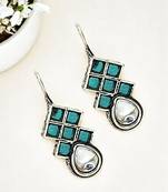 9blings silver oxidised teal stone checkered drop earrings