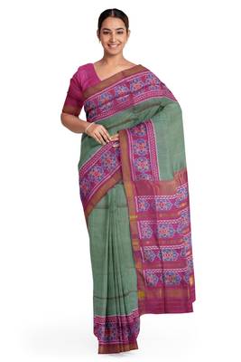 Green and pink mulberry pure silk single ikkat  saree 1