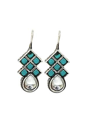 9blings silver oxidised teal stone checkered drop earrings 2