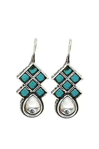 9blings silver oxidised teal stone checkered drop earrings