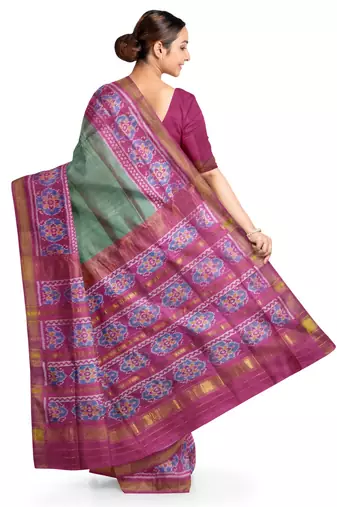 Green and pink mulberry pure silk single ikkat  saree