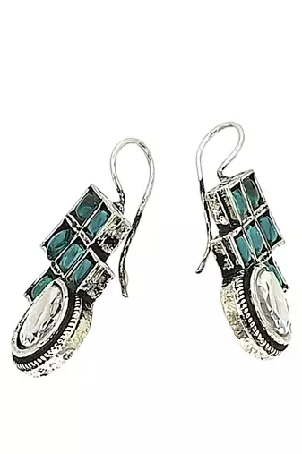 9blings silver oxidised teal stone checkered drop earrings