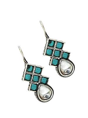 9blings silver oxidised teal stone checkered drop earrings 4