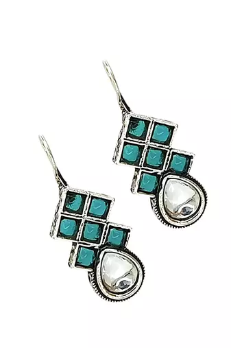 9blings silver oxidised teal stone checkered drop earrings