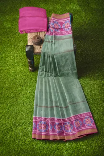 Green and pink mulberry pure silk single ikkat  saree