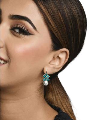 9blings silver oxidised teal stone checkered drop earrings 5