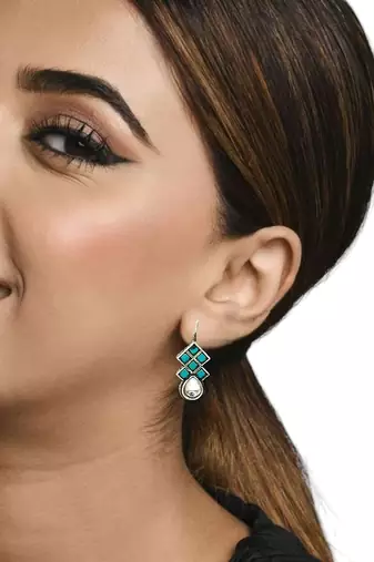 9blings silver oxidised teal stone checkered drop earrings