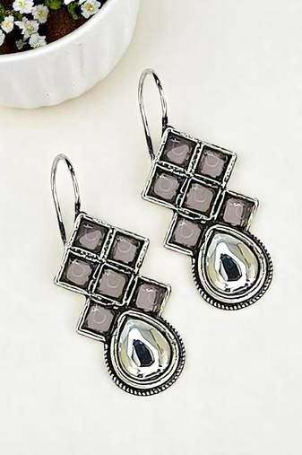 9blings silver oxidised mauve stone checkered drop earrings
