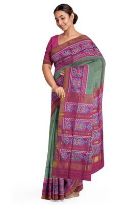 Green and pink mulberry pure silk single ikkat  saree 4