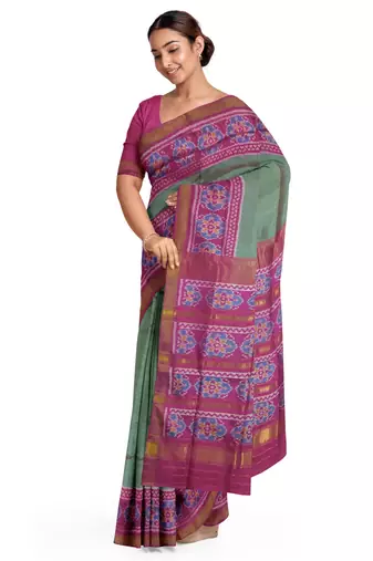 Green and pink mulberry pure silk single ikkat  saree