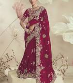 Dark rani organza party wear embroidered saree with blouse fabric 