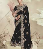 Black organza party wear embroidered saree with blouse fabric 