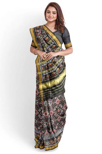Black mulberry pure silk single ikkat  saree