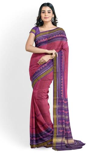 Pink and purple mulberry pure silk single ikkat  saree