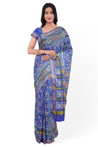 Blue mulberry pure silk single ikkat  saree