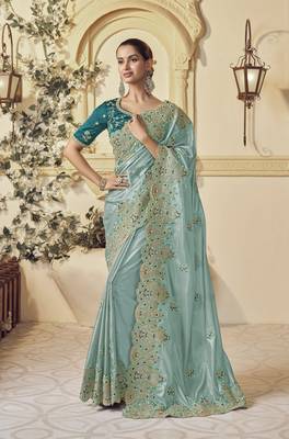 Light green georgette party wear embroidered saree with blouse fabric  1