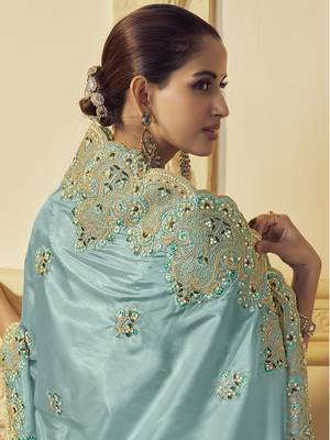 Light green georgette party wear embroidered saree with blouse fabric  4