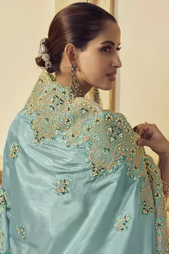 Light green georgette party wear embroidered saree with blouse fabric 